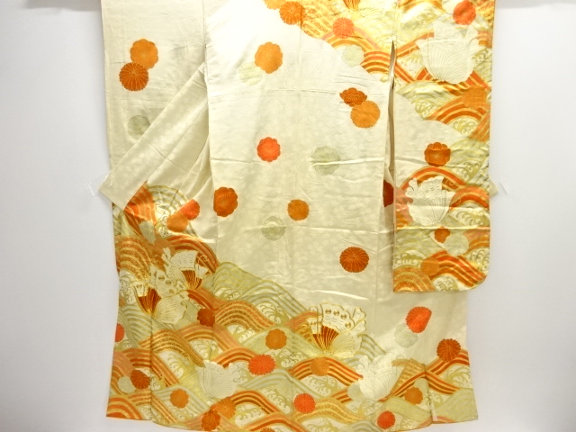 JAPANESE KIMONO / ANTIQUE FURISODE / SILK / EMBROIDERY / WAVE & BUTTERFLY